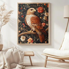 Floral Hawk Wall Art, William Morris Inspired Bird Canvas, Botanical Falcon Print, Natural Wood Framed Decor, Vintage Cottagecore Style