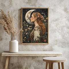 Moon Kiss Wall Art, William Morris Inspired Romantic Woman Canvas, Botanical Celestial Print, Wooden Framed Cottagecore Night Decor