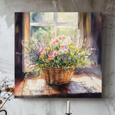 Basket Of Wildflowers Canvas Art, Farmhouse Wildflowers Watercolor Floral Art, Country Style Wall Art, Still Life Wildflower Painting