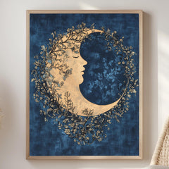 Floral Moon Wall Art, William Morris Inspired Celestial Canvas, Dreamy Botanical Print, Wooden Framed Mystical Night Sky Home Decor