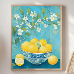 Lemon Bowl Wall Art, William Morris Inspired Floral Canvas, Blue and Yellow Kitchen Decor, Natural Wood Framed Print, Cottagecore Accent
