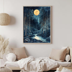 Mystical Moonlit Forest Canvas Wall Art, Framed Wooden Canvas Dark Forest Print, Rustic Cottagecore Home Decor, Nature Inspired Gallery
