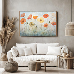 Orange Poppies Canvas, Wooden Frame Wall Art, Landscape Botanical Print, Floral Garden Artwork, Nature Flower Decor, Poppy Painting