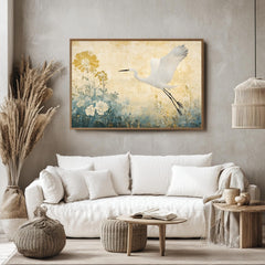 Egret Wooden Frame Canvas, Egret Bird Wall Art, Floral Meadow Print, Yellow Garden Scene, Flying Bird Artwork, Nature Inspired Home Decor