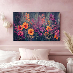 Wildflower Field Wall Art, Purple Orange Floral Print, Botanical Bloom Scene, Garden Flowers Artwork, Vibrant Nature Framed Decor