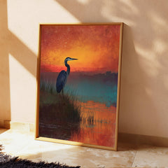 Heron at Sunset Wall Art, Bird Lake Landscape Canvas, Peaceful Nature Portrait, Rustic Home Decor, Gift for Bird Lovers