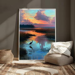 Heron at Marsh Sunset Wall Art, Peaceful Landscape Canvas, Coastal Wetland Nature Decor, Elegant Home Accent, Gift for Nature Lovers