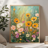Wildflower Framed Wooden Wall Art, Whimsical Wildflowers Canvas Art, Cottagecore Botanical Home Decor, Rustic Boho Flower Artwork