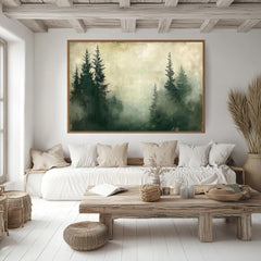Foggy Pine Forest Wooden Framed Canvas, Muted Green Woodland Wall Art, Serene Misty Landscape Print, Dreamy Nature Scene Home Decor