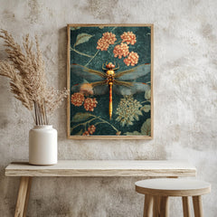 Golden Dragonfly Framed Canvas, Vintage Floral Insect Wall Art, Botanical Nature Print, Elegant Entomology Decor, Garden-Inspired Accent
