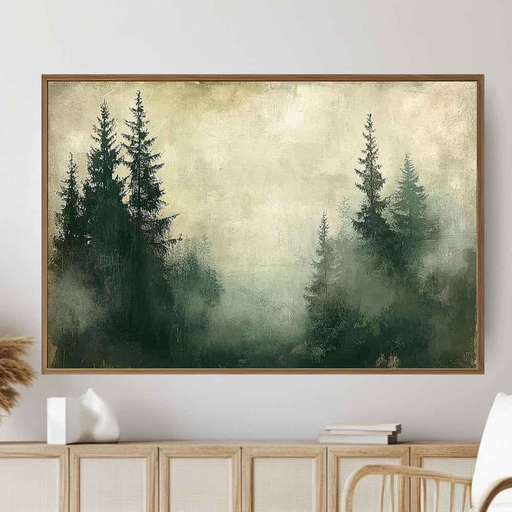 Foggy Pine Forest Wooden Framed Canvas, Muted Green Woodland Wall Art, Serene Misty Landscape Print, Dreamy Nature Scene Home Decor