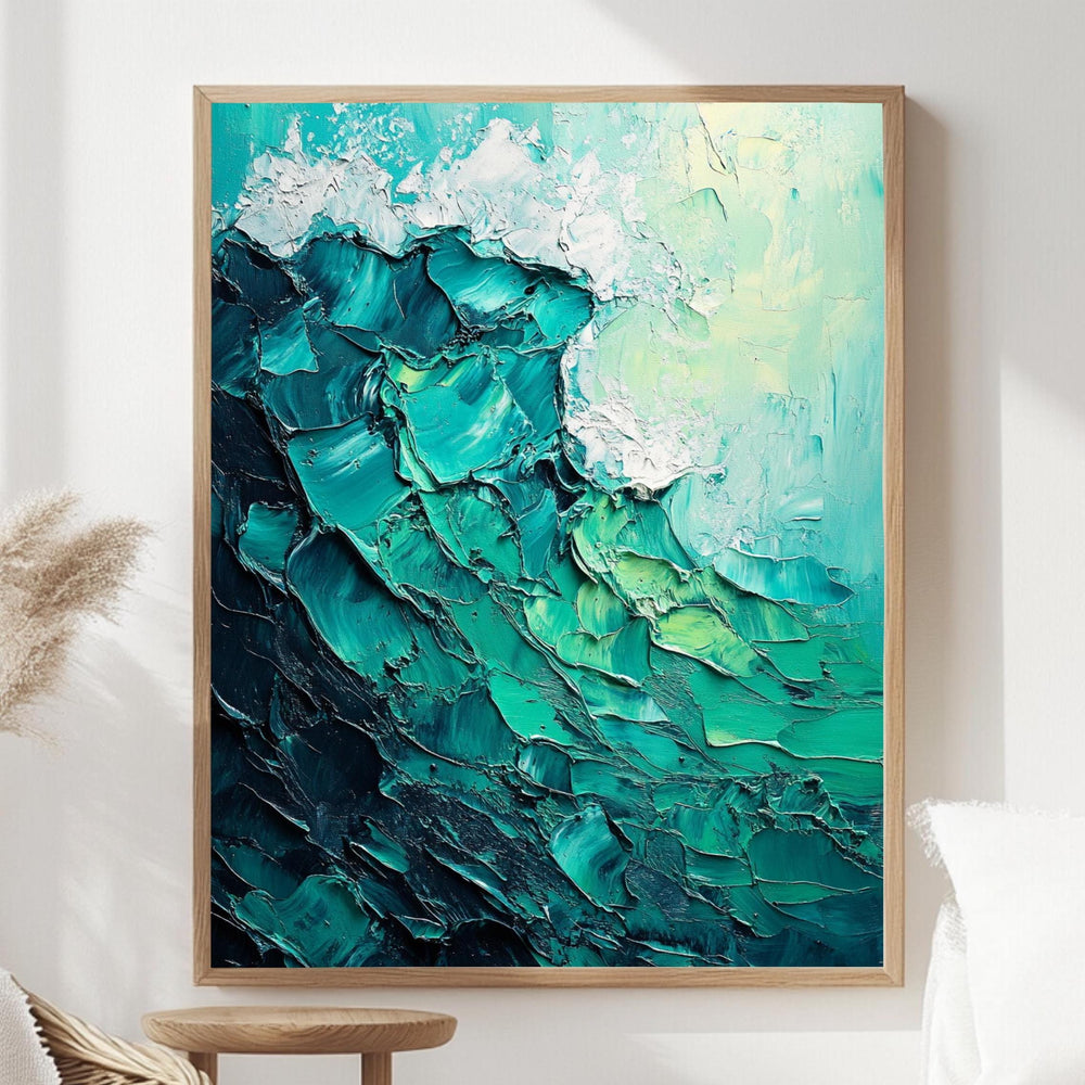 Teal Ocean Wave Framed Canvas, Textured Look Seascape Wall Art Abstract Coastal Painting Modern Beach House Decor, Nautical Aesthetic Accent