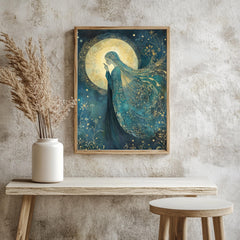 Moonlight Goddess Wall Art, William Morris Inspired Tarot Canvas, Celestial Divine Feminine Print, Wooden Framed Mystic Cottagecore Decor