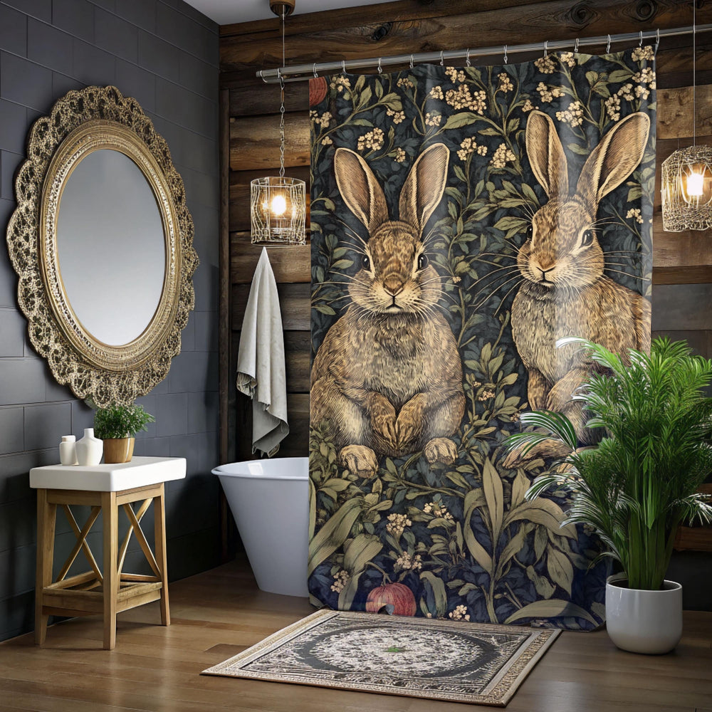 William Morris Inspired Rabbit Design Shower Curtain, Bathroom Dorm Decor, Artistic Bunny Curtain Print