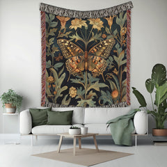 Vintage Butterfly Throw Blanket, Cotton Woven Blanket, Cozy Reading Blanket, William Morris Inspired Blanket for Movie Night Vintage Blanket