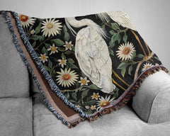 Vintage Egret Throw Blanket, William Morris Inspired Blanket, Reading Blanket, Coastal Bed Blanket, Blanket for Movie Night, Picnic Blanket