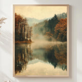 Woodland Lake Framed Wall Art, Misty Lake Frame Art, Natural Wood Framed Wall Canvas, Forest Framed Art, Nature-Inspired Wooden Framed Art