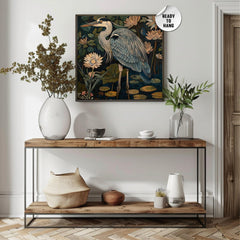 William Morris Style Blue Heron Art, Vintage Coastal Home Decor, Framed Nature Canvas Art, Vintage Inspired Illustration,Ready to Hang Decor