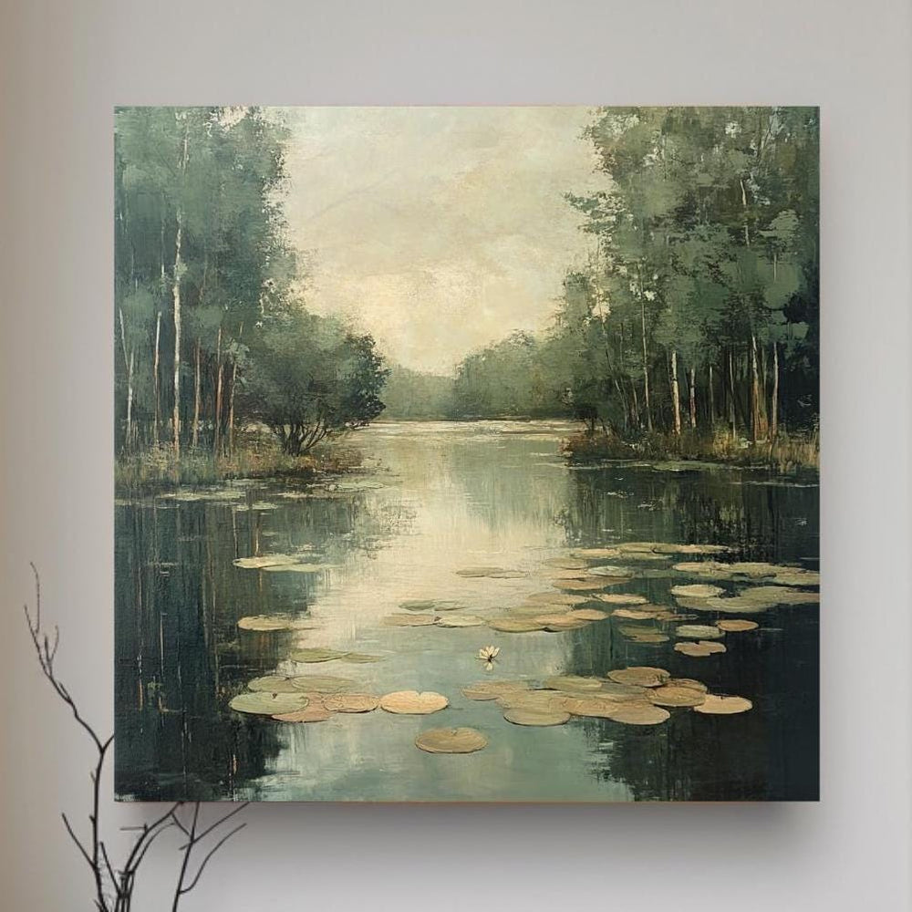 Peaceful Pond Canvas Wall Art, Water Lilies Art Print, Rustic Botanical Wall Decor, Nature-Inspired Framed Wall Canvas, Vintage Woodland Art