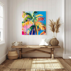 Bold Tropical Palm Canvas, Vibrant Colorful Jungle Wall Art, Modern Palm Tree Painting, Exotic Beach Decor, Boho Coastal Home Accent