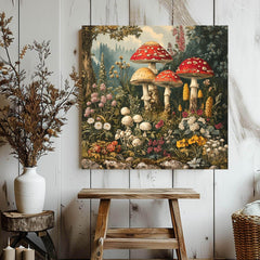 Vintage Mushroom Canvas Wall Art, Mushrooms in Forest Print, Cottagecore Home Decor Painting