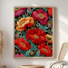 Red Poppy Wall Art, William Morris Style Floral Canvas, Bold Botanical Print, Vintage Flower Decor, Gift for Gardeners or Art Lovers