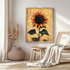 Vintage Sunflower Wall Art, Botanical Poster Print, Rustic Farmhouse Canvas, Framed Floral Wall Accent for Home, Country Garden Poster