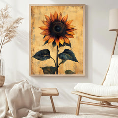 Vintage Sunflower Wall Art, Botanical Poster Print, Rustic Farmhouse Canvas, Framed Floral Wall Accent for Home, Country Garden Poster