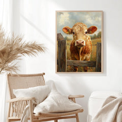 Vintage Farmhouse Cow Canvas, Rustic Country Poster Print, Framed Cow Wall Art, Antique Animal Decor for Kitchen or Home, Farmhouse Decor