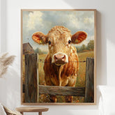 Vintage Farmhouse Cow Canvas, Rustic Country Poster Print, Framed Cow Wall Art, Antique Animal Decor for Kitchen or Home, Farmhouse Decor
