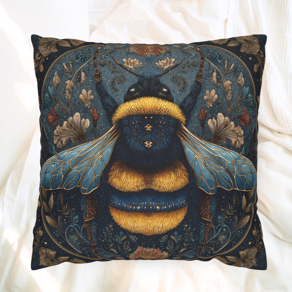 Celestial Bee Pillow, Blue and Gold Bumblebee Cushion, Mystical Insect Throw Pillow, Floral Astrology Decor, Cottagecore Nature Accent