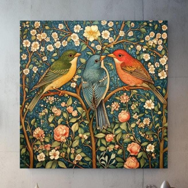 Birds Vintage Wall Art, William Morris Inspired Art, Vintage Home Decor, Vintage Wall Art, Living Room Wall Room, Nature Bird Wall Art