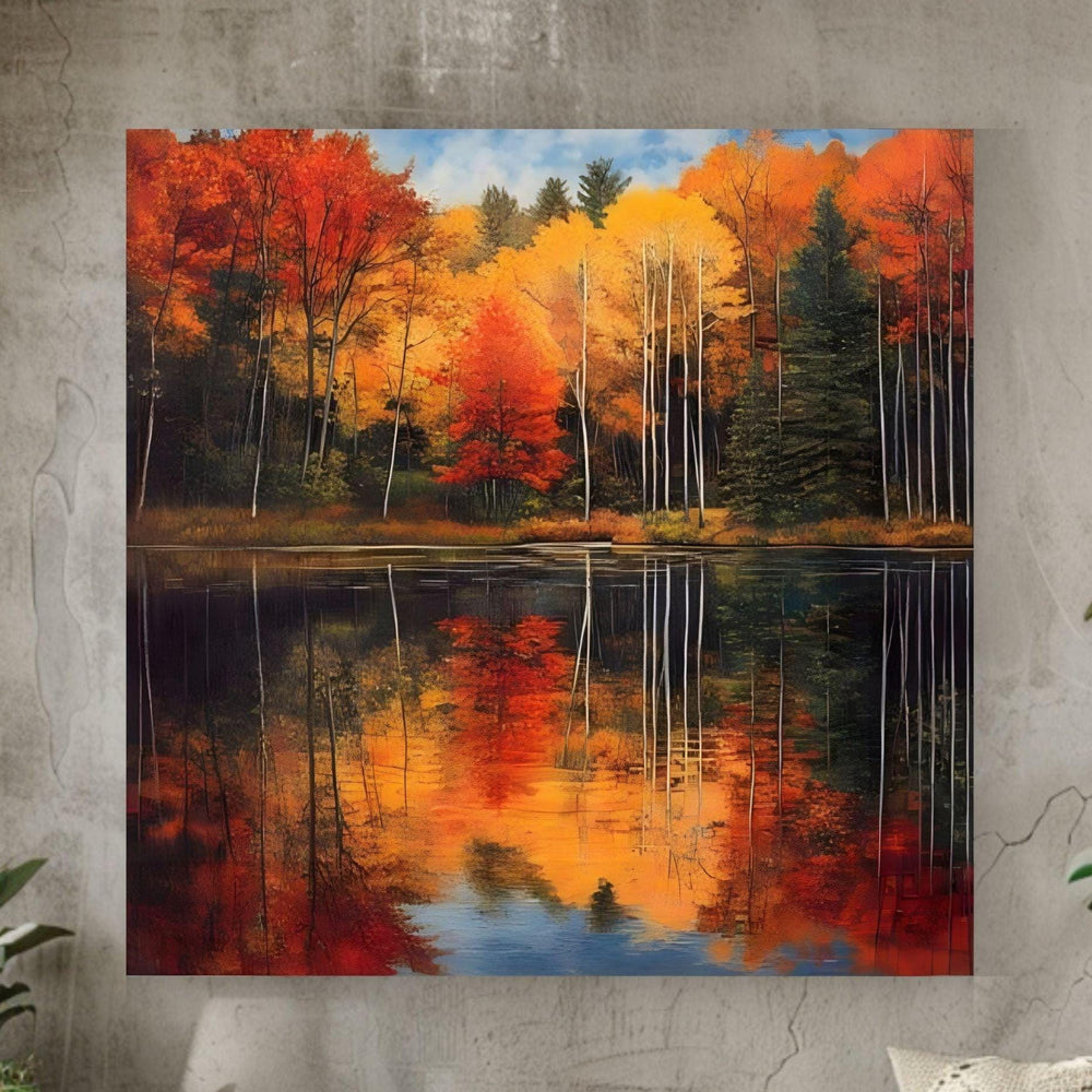 Autumn Forest Wall Canvas, Nature-Inspired Wall Decor, Fall Woodland Art, Grandma Gift, Nature Wall Print, Autumn Lake Framed Canvas