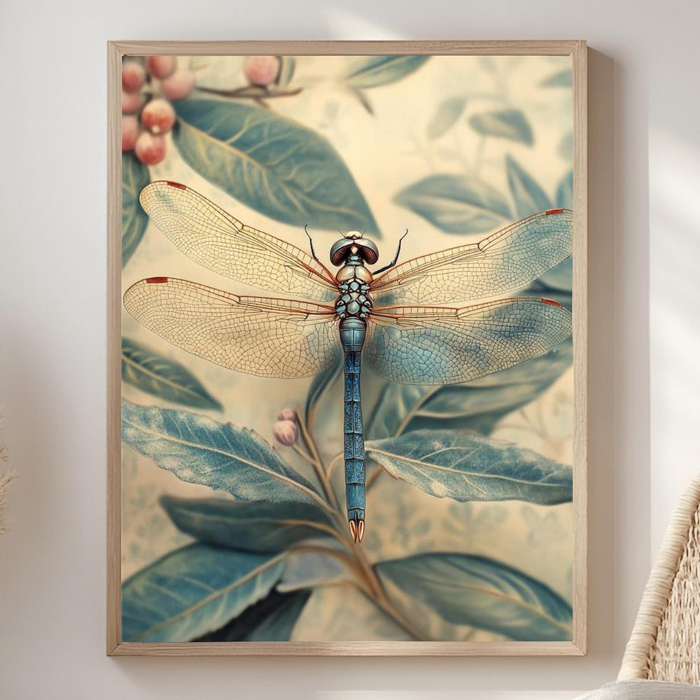 Blue Dragonfly Framed Canvas, Botanical Insect Wall Art, Nature-Inspired Vintage Print, Dragonfly Garden Art Decor, Entomology Home Accent