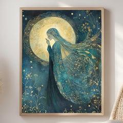Moonlight Goddess Wall Art, William Morris Inspired Tarot Canvas, Celestial Divine Feminine Print, Wooden Framed Mystic Cottagecore Decor
