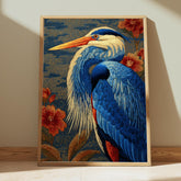 Great Blue Heron Wall Art, William Morris Style Canvas, Botanical Bird Nature Decor, Elegant Home Accent, Gift for Bird Lovers