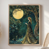 Moonlight Forest Maiden Canvas, Enchanted Night Sky Wall Art, Whimsical Fairy Woman Print, Mystical Boho Nature Decor, Celestial Home Accent