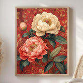 Vintage Peony Framed Canvas, Red Botanical Flower Wall Art, Romantic Garden Floral Print, Classic Cottagecore Home Decor