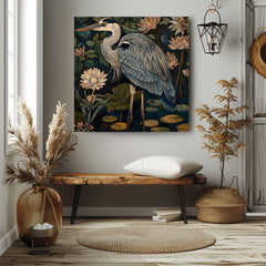 William Morris Style Blue Heron Art, Vintage Coastal Home Decor, Framed Nature Canvas Art, Vintage Inspired Illustration,Ready to Hang Decor