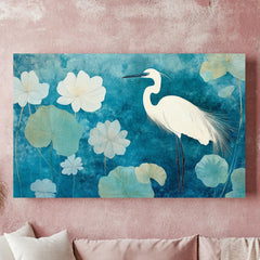 Heron Wooden Frame Canvas, Heron Bird Wall Art, Lotus Flower Print, Blue Water Garden Decor, Zen Pond Artwork, Tranquil Bird Painting