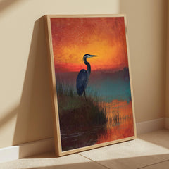 Heron at Sunset Wall Art, Bird Lake Landscape Canvas, Peaceful Nature Portrait, Rustic Home Decor, Gift for Bird Lovers