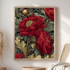 Red Peony Flower Wall Art, William Morris Style Floral Canvas, Vintage Botanical Print, Romantic Nature Decor, Gift for Flower Lovers