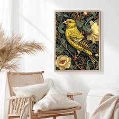 Yellow Finch Wall Art, William Morris Style Bird Canvas, Vintage Floral Nature Print, Cottagecore Home Decor, Gift for Birdwatchers
