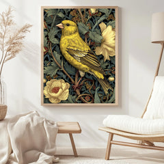 Yellow Finch Wall Art, William Morris Style Bird Canvas, Vintage Floral Nature Print, Cottagecore Home Decor, Gift for Birdwatchers