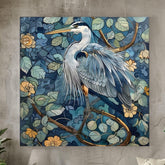 Coastal Home Decor Vintage Blue Heron Wall Art, Nature Canvas Art, Vintage Illustration Heron Bird William Morris Style Art, Coastal Decor