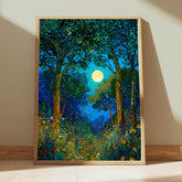 Mystical Forest Wall Art, William Morris Style Canvas, Full Moon Wildflower Meadow Decor, Enchanted Nature Scene, Gift for Nature Lovers