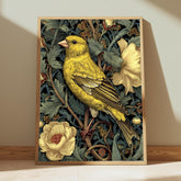 Yellow Finch Wall Art, William Morris Style Bird Canvas, Vintage Floral Nature Print, Cottagecore Home Decor, Gift for Birdwatchers