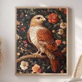 Floral Hawk Wall Art, William Morris Inspired Bird Canvas, Botanical Falcon Print, Natural Wood Framed Decor, Vintage Cottagecore Style