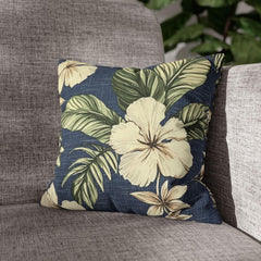 Navy Tropical Floral Pillow, Cream Hibiscus Cushion Cover, Coastal Botanical Throw Pillow, Island Leaf Decor, Jungle-Inspired Home Accent