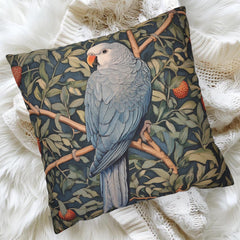 Blue Parrot Throw Pillow, Botanical Bird Cushion Cover, William Morris Inspired Jungle Decor, Artsy Tropical Leaf Accent, Nature Home Pillow